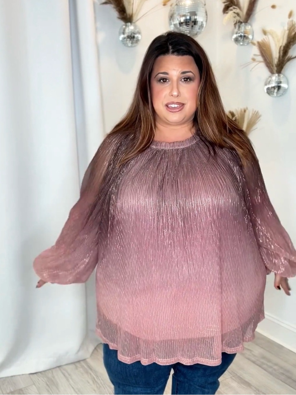 Plus Ombre Plisse Pleated Shimmer Blouse - Rose